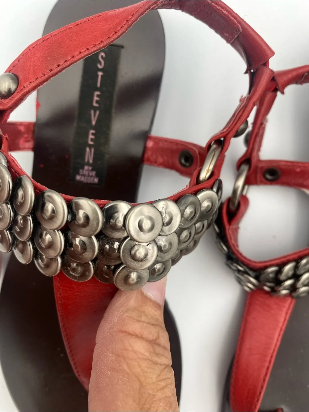 Steve Madden Red Studded T-Strap Sandals for Women